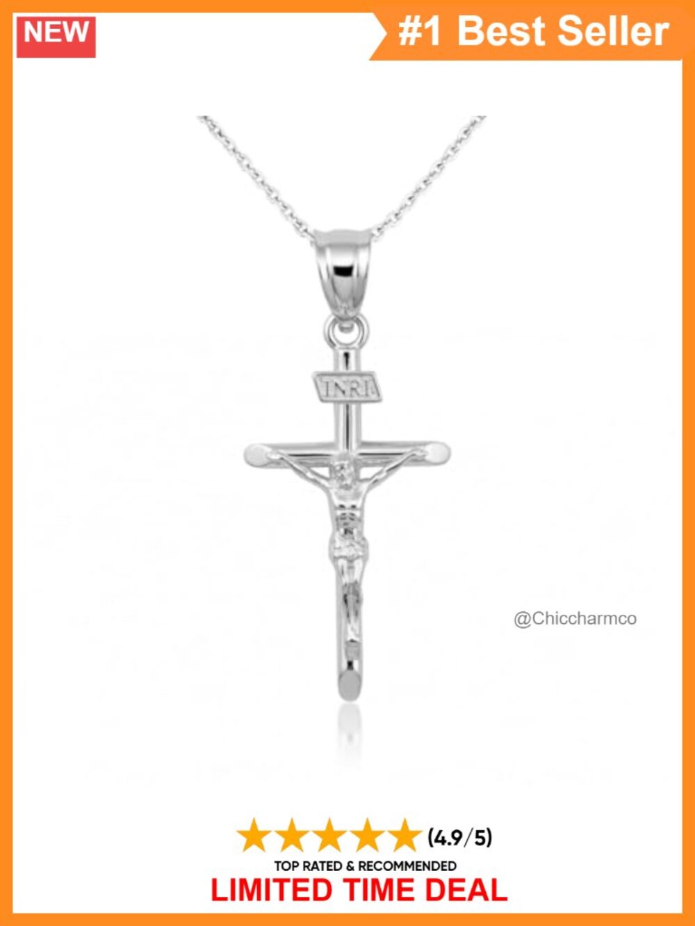 Sterling Silver INRI Crucifix Cross Pendant Necklace 16" Chain